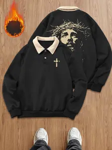 Unisex Vintage Religious Style Polo Sweatshirt, Thorn Crown Print & Cross Detail, Fleece Lined Warm Top, Fall Winter Streetwear