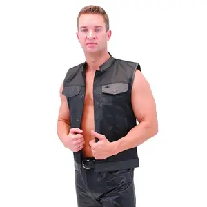 Men's Leather & Nylon Anarchy Biker Club Vest w/Concealed Pockets #VMC720K