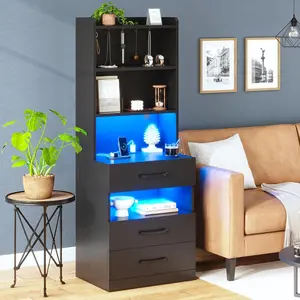 AOGLLATI Tall Nightstand with Charging Station and LED Lights, Night Stand with 3 Drawers and Storage Shelves, Bedside Table with Bookshelf, Modern End Side Table for Bedroom