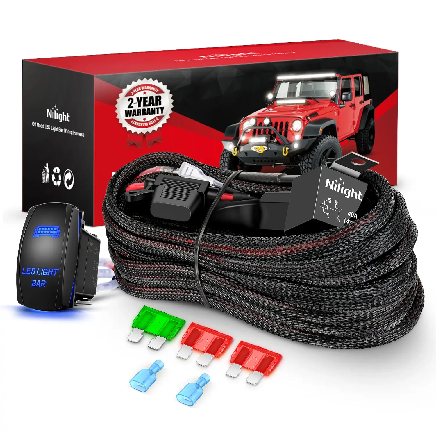 Nilight 12 AWG Nylon Wiring Harness Kit - 1 Lead, 12V 5-Pin Rocker Switch, Power Relay, Blade Fuse, Waterproof, High-Temperature Resistant, CE-Certified, ROHS-Certified for LED Light Bars, Off Road Lights on Cars, Motorcycles, Trailers, Ships, Yachts