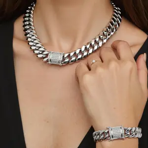 14mm Silver Ice-out Jewelry Kit Miami Cuban Link Chain with CZ Diamond Crystal Clasp Stainless Steel Hip hop Necklace + Bracelet Set for Men 7.5 - 30"