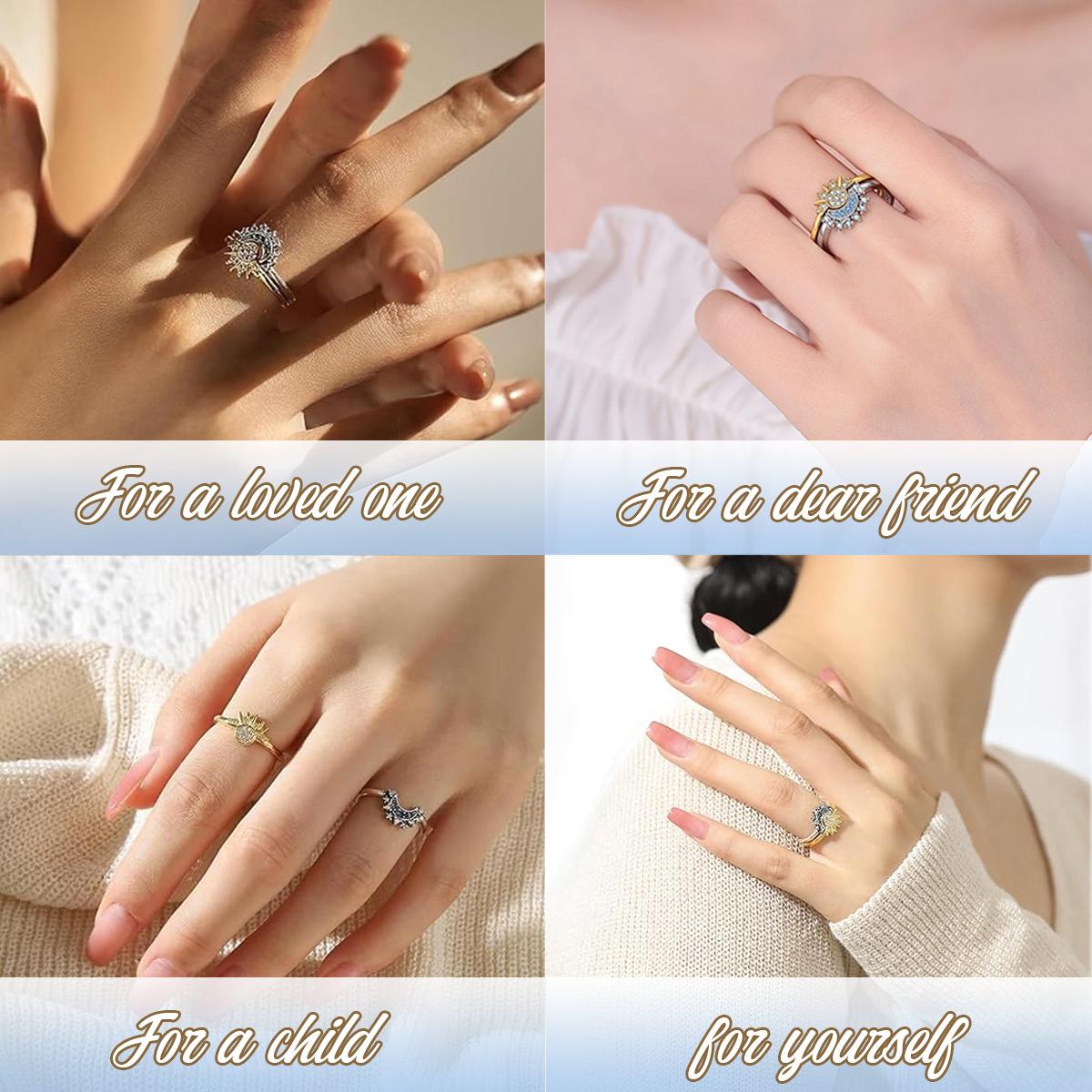 Celestial Sun & Moon Couple Rings Set – Adjustable Matching Promise Rings with Rhinestone, Dainty Stacking Sun Moon Jewelry for Couples, Romantic Gift for Girlfriend, Anniversary, Birthday, Valentine