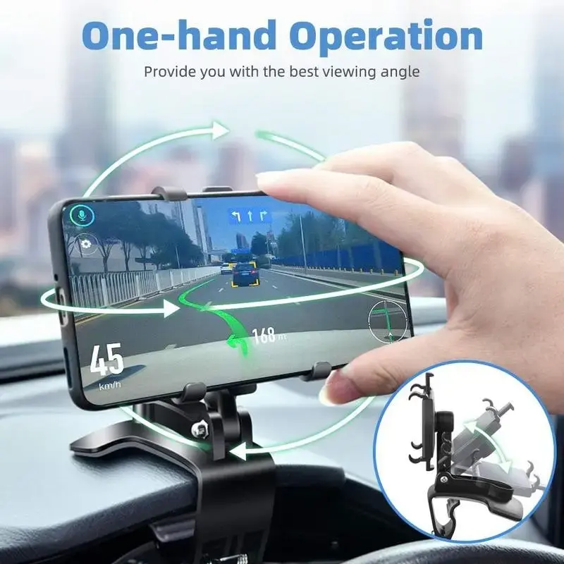 360-Degree Rotatable Dashboard Car Phone Holder, 1-Hand Operation Clip Mount for 4-7 in Phones, Automotive Interior Accessory