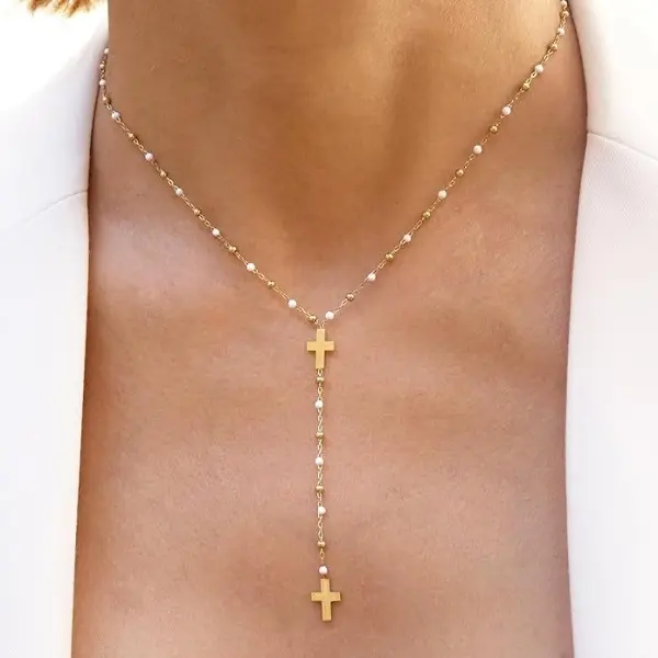 Dainty Cross Beaded Pendant Necklace for Women, Elegant Lariat Style Fashion Jewelry, Ideal Gift for Parties & Daily Wear, Cross Necklaces, Jewelry Stack, Beading, Cross Emblem Necklaces