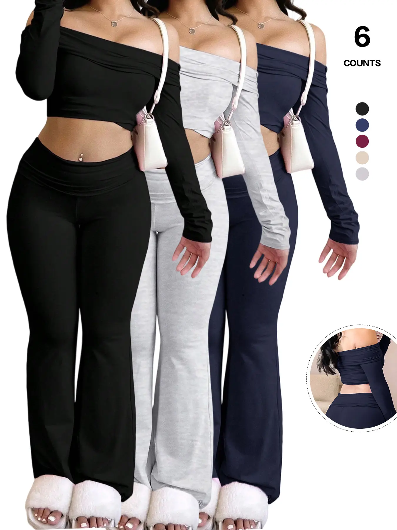 Women's Solid Color Long Sleeve Crop Tee & Flare Leg Skinny Pants Loungewear Set Clothes, Casual Everyday One Shoulder Top & Bell Bottom Leggings