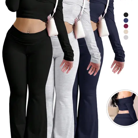 Women's Solid Color Basic Long Sleeve Crop Tee & Flare Leg Skinny Pants Loungewear Set Clothes, Casual Everyday One Shoulder Top & Bell Bottom Leggings, Fitted Outfit Sets