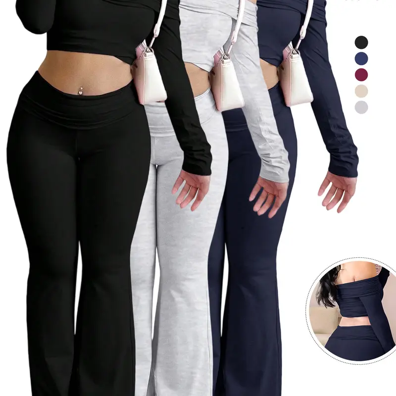 Women's Solid Color Basic Long Sleeve Crop Tee & Flare Leg Skinny Pants Loungewear Set Clothes, Casual Everyday One Shoulder Top & Bell Bottom Leggings, Fitted Outfit Sets