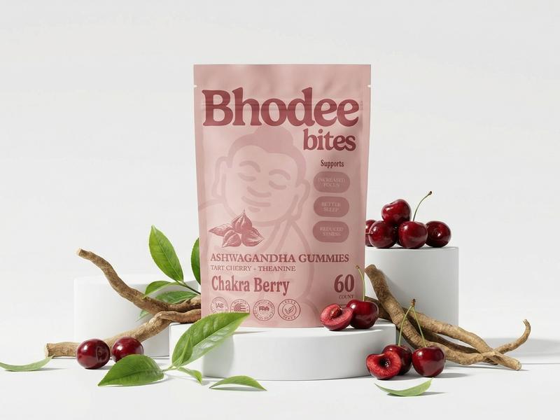Bhodee Bites Ashwagandha Vitamin Gummies Chakra Berry Flavored 60 Count for Calm Focus & Stress Relief with Tart Cherry & L-Theanine Brain Boost Supplement Natural Fuel Supplements