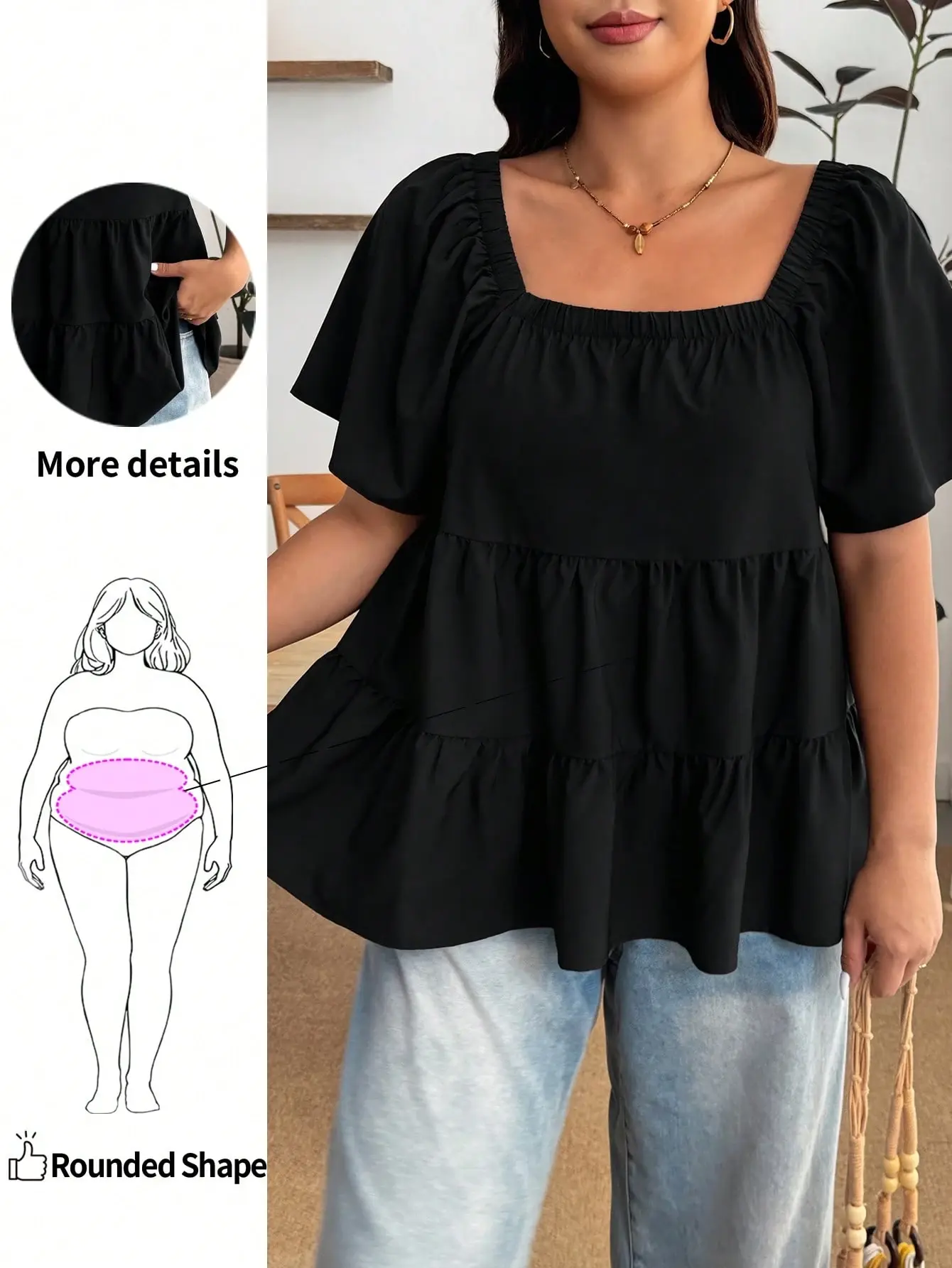 VYNCE Summer Plus Size Square Neck Loose Fit Tiered Ruffle Short Sleeve Top Beige Casual Beach Vacation