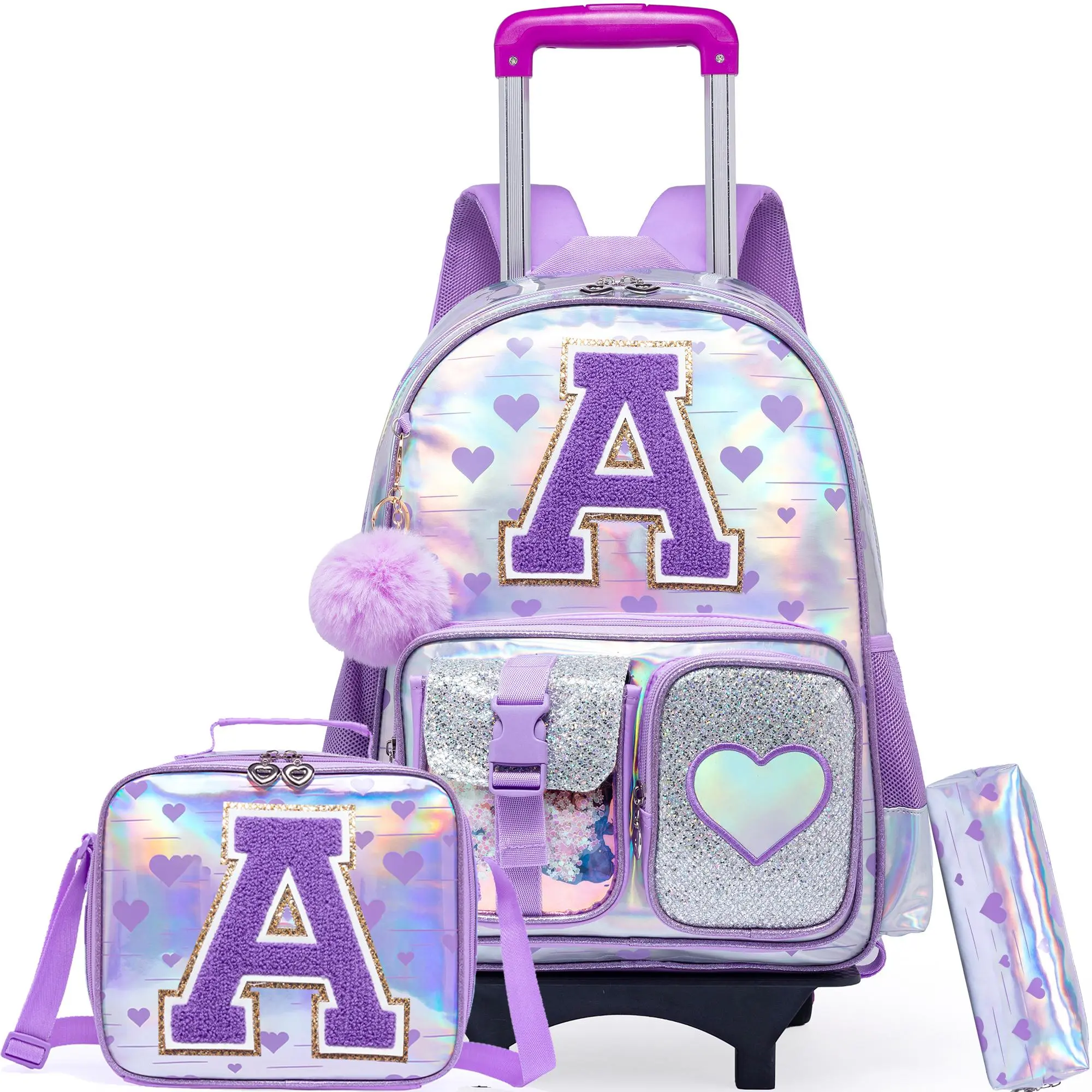 Girls' Rolling Backpack Set, 3-Piece Waterproof Holographic Purple Graphic PU Leather School Bag with Zip Closure, Lunch Box & Durable Wheels, Cute Daypacks, Pattern Backpack Set, Back To School Haul, For Girls, Chic, Adjustable Straps