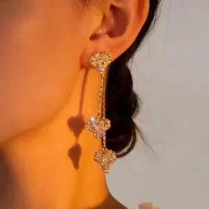 14K Gold Plated Layered Heart Dangle Earrings for Women - Cubic Zirconia Long Tassel Drop Earrings, Minimalist Fashion Jewelry for Wedding Party Prom