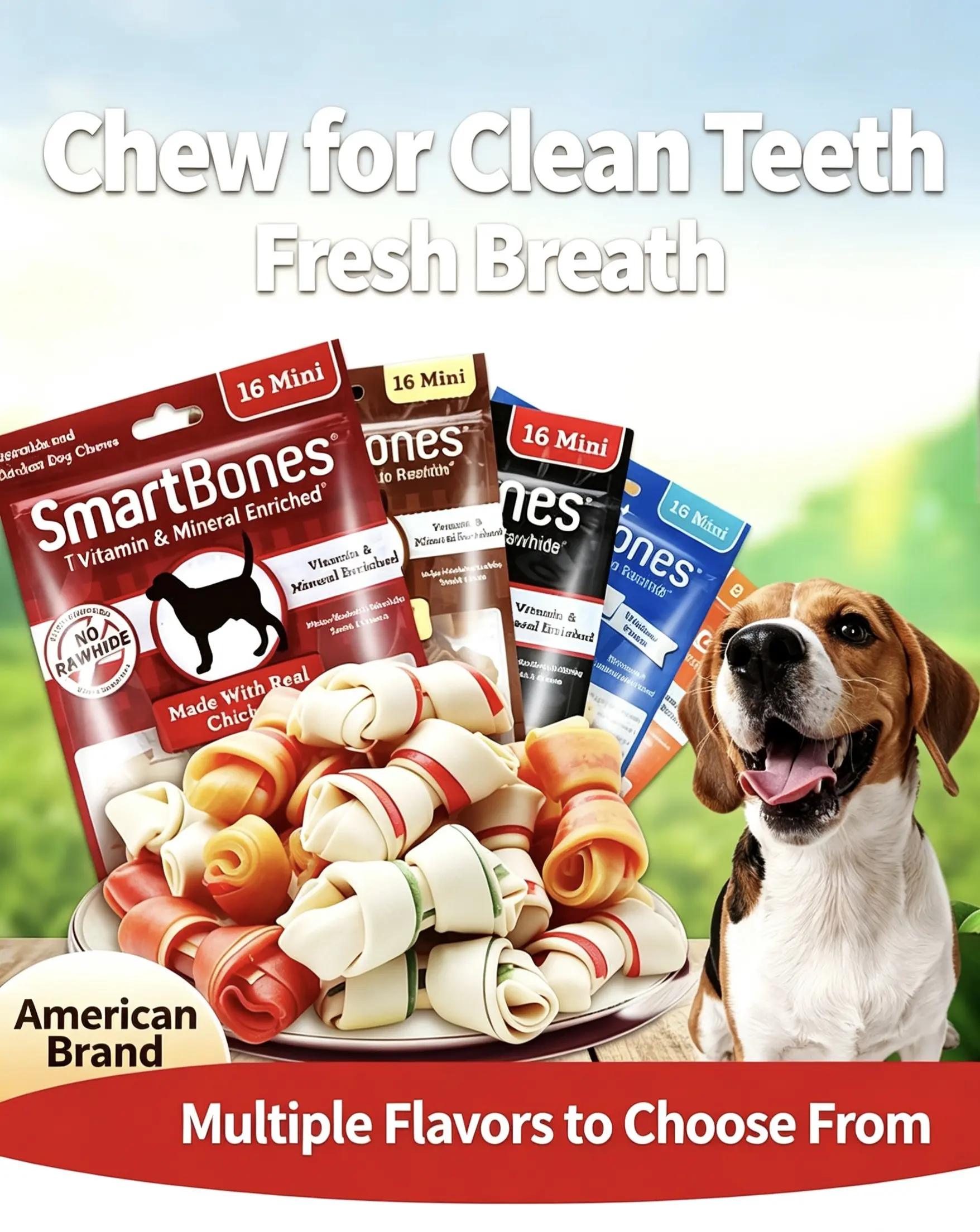 SmartBones Mini Dog Dental Chews - No-Rawhide Real Chicken Knot Bones, Multi-Flavor Variety Treats for Clean Teeth & Fresh Breath