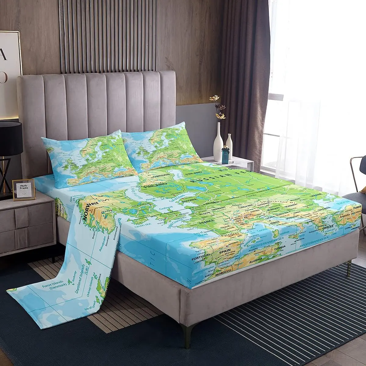 World Map Bed Sheets Blue Ocean Sheet Set,Map of Various Countries Fitted Sheet with 1 Flat/Top Sheet and 2 Pillow Cases Breathable Home Room Dorm Decor