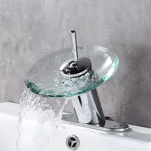 Waterfall Bathroom Sink Faucet Unique Brass Modern Circle Glass Waterfall Faucet for Basin Vanity Single Hole Pedestal Sink Faucets One Handle Corner Sink Bathroom Faucet, Polished Chrome RODDEX