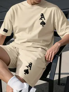 Men's Regular Fit Graphic Spades Print Tee & Shorts Two-Piece Set, Casual Short Sleeve Round Neck T-shirt & Shorts, Men's Summer Clothes for Daily Wear
