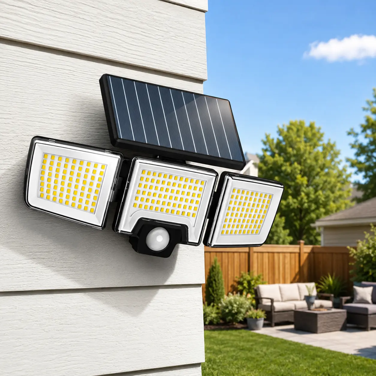 Remote-Controlled Solar Motion Sensor Outdoor Wall Light - 1200LM Ultra-Bright 3-Head 216 LED Floodlight, 2000mAh Battery, IP65 Waterproof ABS Plastic, for Garage, Backyard (Solar Patio Wall Light), Outdoors