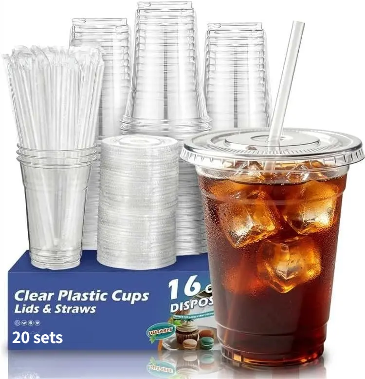 20-Pack 16oz Transparent Disposable Plastic Cup Set with Lids and Straws, BPA-Free, Heavy-Duty, Leakproof, To-Go, for Cold Drinks, Parties, Bulk Home & Festive Disposable Tableware