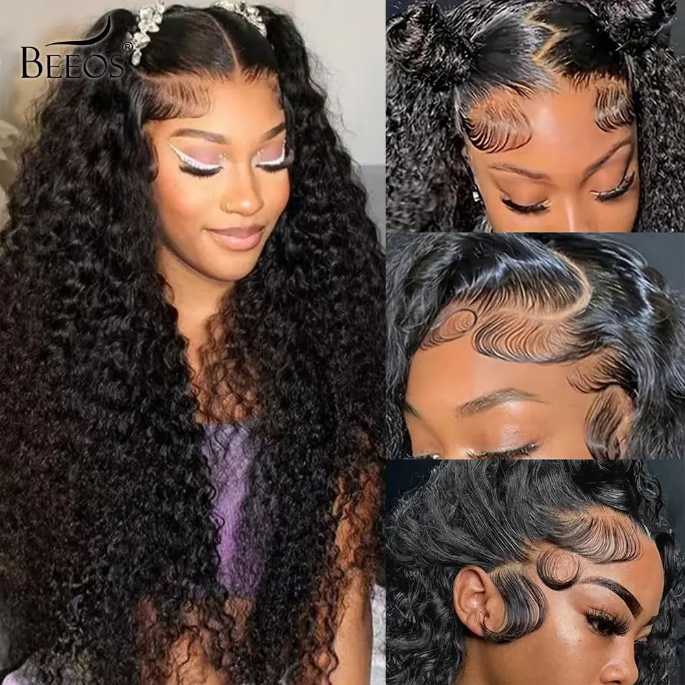 BEEOS 13x6 Full Frontal Wig SKINLIKE Real HD Lace Wigs Human Hair Water Wave HD Lace Front Wig Wear To Go 22 Inch 250% Density Real Human Hair Wig Natural Black Pre Plucked Wig With Tiny Knots for Woman
