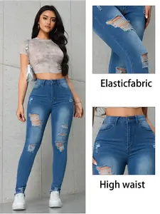 Women's Fitted Ripped Jeans, Casual Style with Pockets, All Seasons Wear, Plain Pattern, Comfortable Denim Jeans