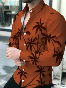 Summer rust orange palm tree print long sleeve shirt