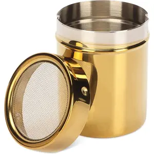 Stainless Steel Dredge Shaker, Powder Sugar Dispenser Fine Mesh Powder Sugar Shaker with Lid Gold Salt and Pepper Shakers for Kitchen Powdered Sugar Shaker