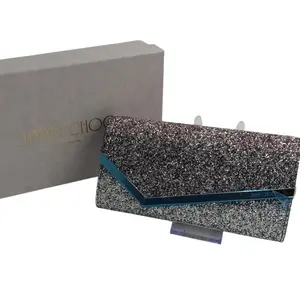 Pre-owned Glitter Fabric Clutches & Wristlets Jimmy Choo Emmie clutch bag in Silver Glitter with Turquoise V Trim Coarse Fabric Leather Trim Italy Made