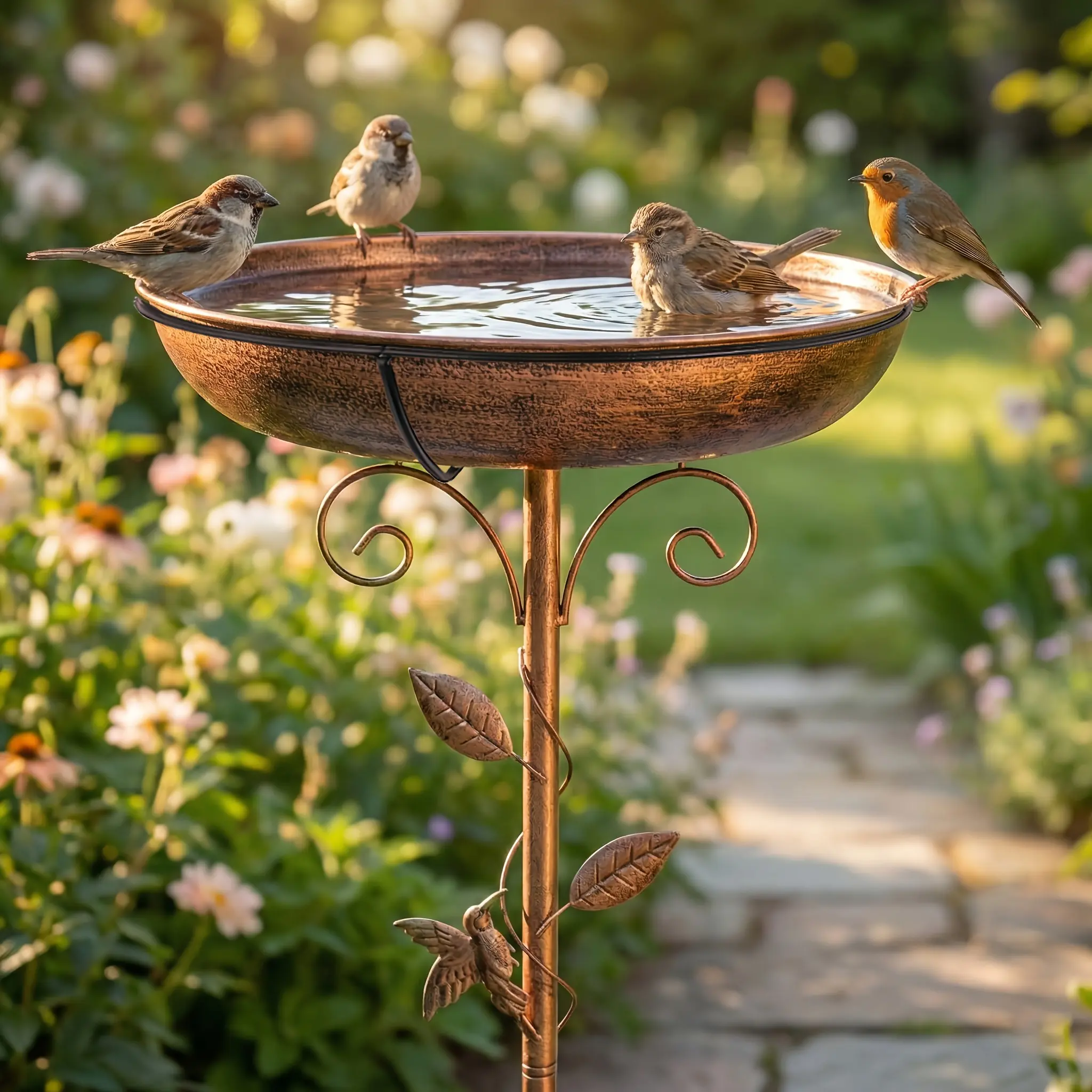 Elegant Bronze Outdoor Bird Bath, Convenient Detachable 40 Inch Bowl with Wind Resistance 5-Prong Weatherproof Stand, Easy Cleaning Bird Supply for Patio, Courtyard Decor, 5-Prong Stable Stand