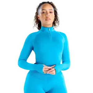 (With Logo) DFYNE Impact Half Zippy Crop Top & Seamless Long Sleeve Pants Set for Women - High Elastic Quick-Dry Sports Wear for Summer