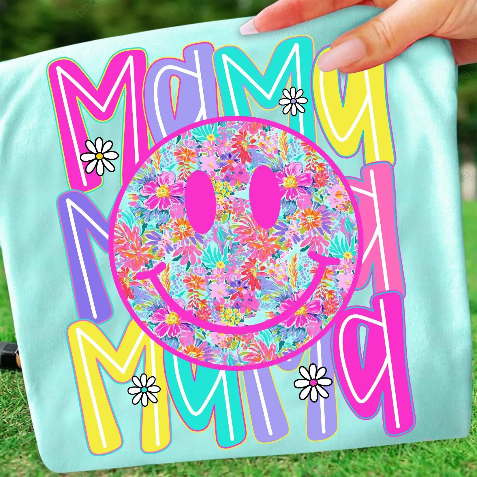 Preppy Mama Floral Smiley Face Comfort Color Shirt, Coquette Bow Glitter Shirt, Bright Ditsy Flowers, Mother's Day, Cottagecore Mama