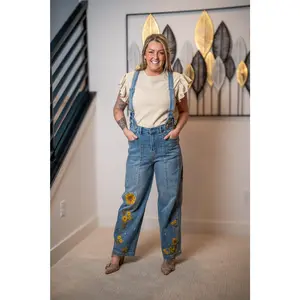 Oli & Hali - Golden Bloom Sunflower Embroidered Denim Overalls