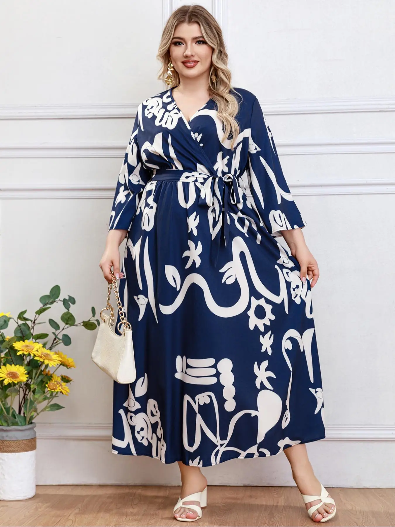 Plus Size All Over Print Belted Wrap V Neck Dress, Casual Long Sleeve A Line Dress for Summer, Women's Plus Clothing for Daily Wear