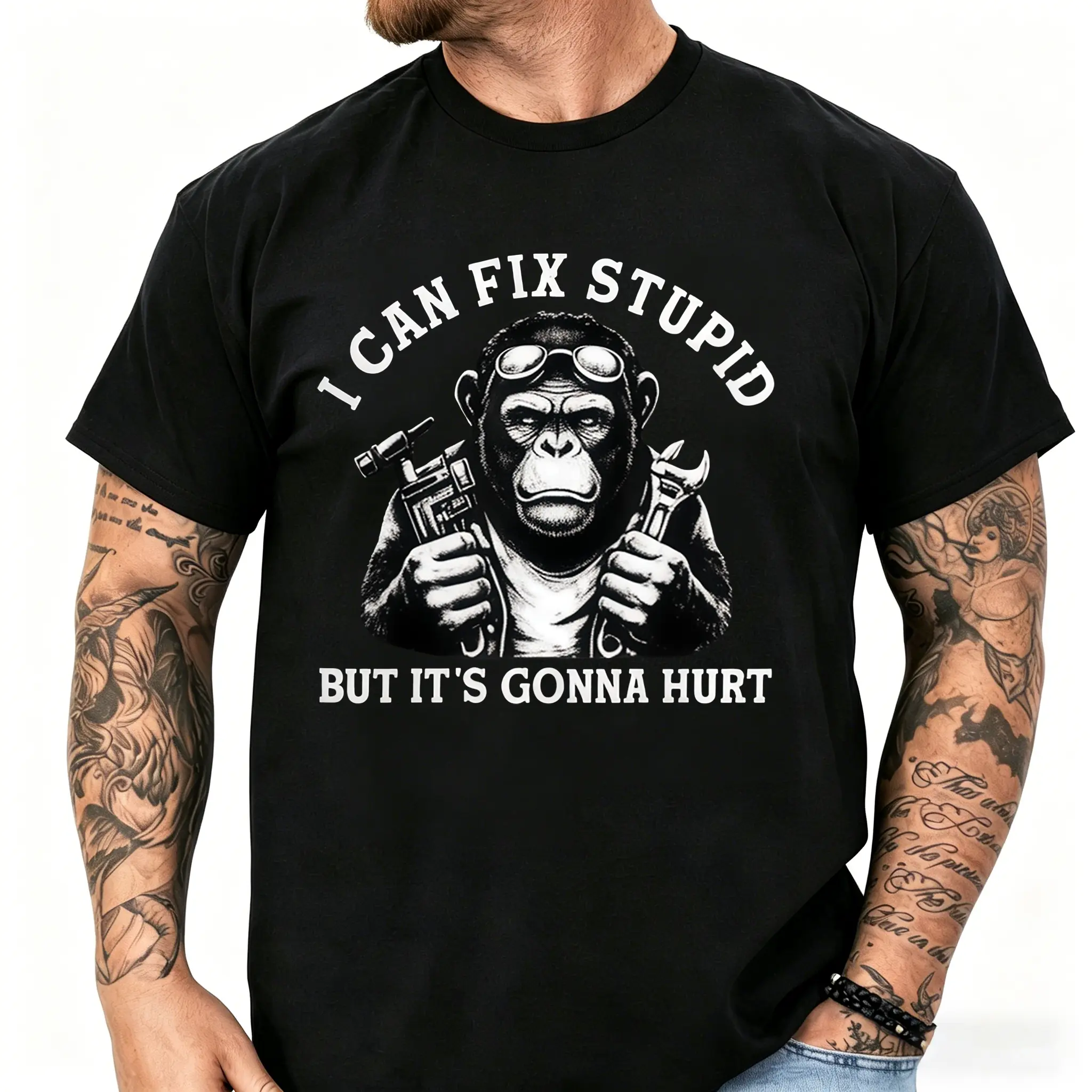 Unisex Soft Oversized Drop Shoulder Short-Sleeve Graphic Sports Tee, "I Can Fix Stupid But It's Gonna Hurt" Funny Letter Print, Breathable Stretchy Jersey, Menswear Streetwear Foldable Casual Sports Top