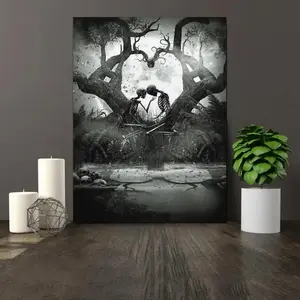 Halloween Skeleton Couple Wall Art Decor, Unframed Canvas Print, Romantic Style, Perfect for Living Room Bedroom Bathroom Decoration