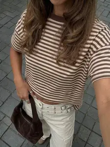 Women's Brown Beige Striped Crop Top, Y2K Retro Striped Short Sleeve Crew Neck Tee, Maillard Style Oversized Cropped T-Shirt, Perfect for Daily Wear, Commute, Street Style #springsaledeals2026 #summeroutfits #tiktokshopmademebuyit #maillardfashion