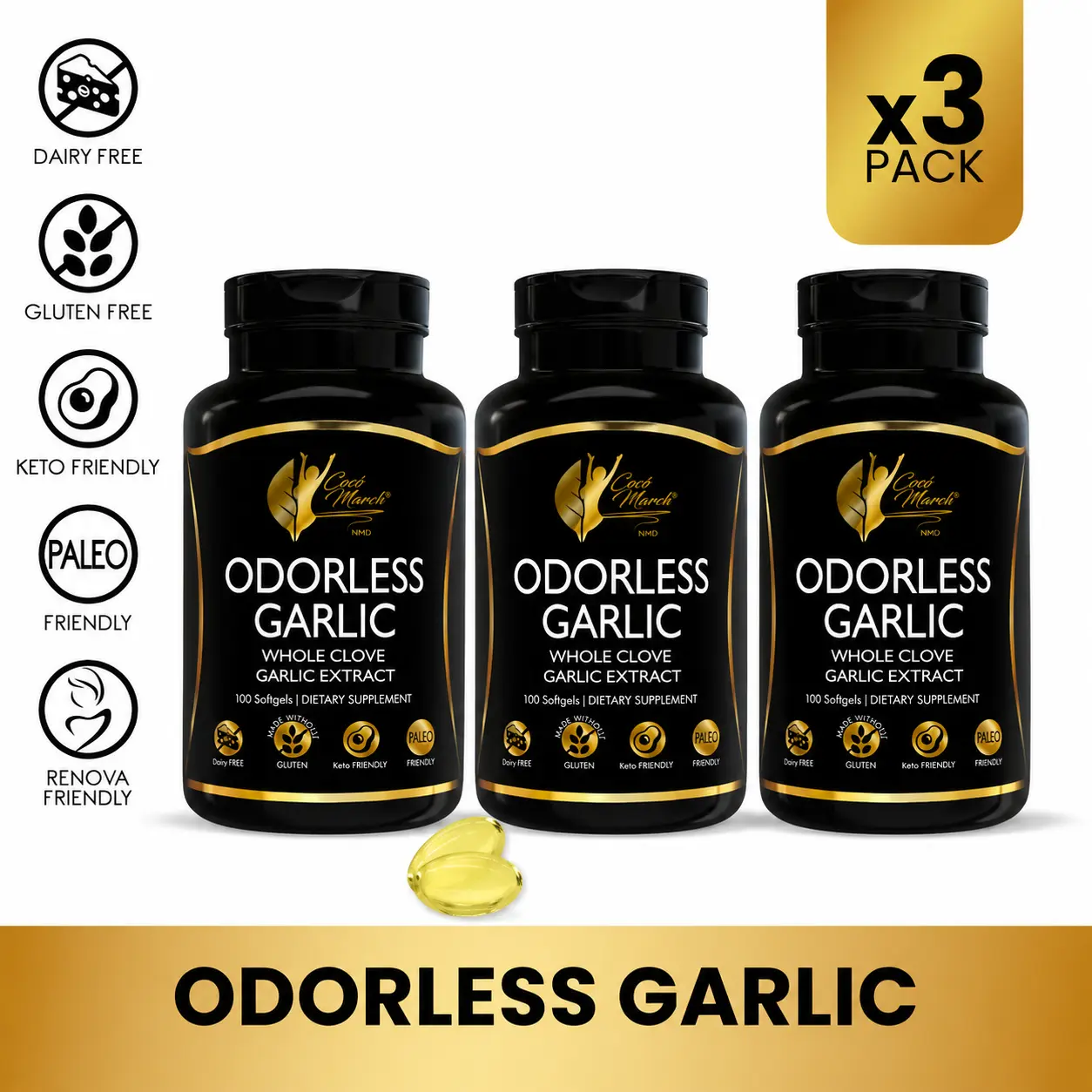 3 Bottles of Cocó March N.M.D Odorless Garlic Wellness Supplement, Dietary Supplement to Support Adult Health - 100 Softgel Capsules per Bottle