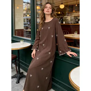 Cozy Brown Bow Embroidery Maxi Dress Scalloped Sleeve Bohemian Gown | Modest Everyday Chic | Size S-XL | Perfect for Coffee Dates, Bookstores & Casual Outings