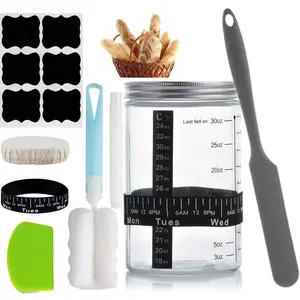 900ml Thickened Glass Sourdough Starter Jar Kit, Wide Mouth Fermentation Container with Dough Scraper, Silicone Spatula, Cleaning Brush, Cloth Cover, Date Tracking Band, Thermometer Strip, Chalkboard Labels & Pen for Bread Baking