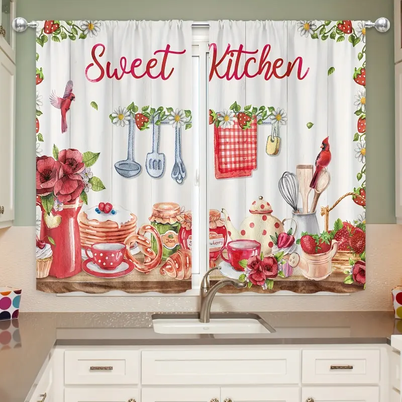 2D Flat Home Decoration Curtains - Set of 2 Short Double-Layer Darkening Panels with Farmhouse Ruffle, Boho Strawberry Floral on Wooden Board Print, Home Textile for Country-Style Kitchens, Living Rooms, Home Decoration Curtain