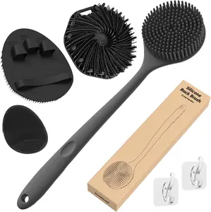 Silicone Back Scrubber & Soft Bath Glove Set 4 PCS(Thick Bristles), Super-Exfoliating Body Scrubber & Super-Lathering Shower Brush Combination,