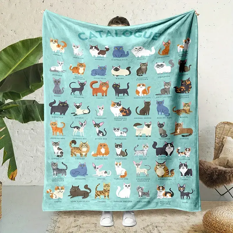 Cozy Oversized Cute Cat Patterned Blanket High Quality Polyester Fleece Machine Washable for Sofa Bed Camping Gift for Cat Lovers Air Conditioning Summer Couch Living Room Bedroom Dorm Room Travel Soft Warm Fluffy Kawaii Room Decor Aesthetic Kids