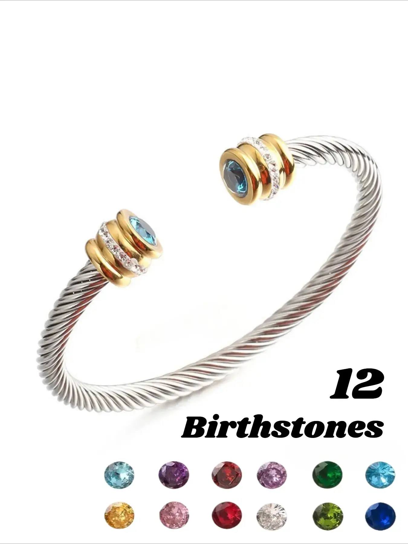 Unisex Stainless Steel Birthstone Bracelet, Multi-Color December Birthstone, Casual Fashion Open Cuff Wristband, Men's and Women's Jewelry, Elegant Jewelry Bracelet, Stainless Steel Bangle, Adjustable Cuff Bracelet