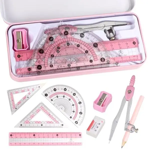 8-Piece Geometry Compass Set - Metal Compass, Rulers, Protractor for Measuring Angles, Set Squares, Eraser, Sharpener, Metal Storage Box for School Math Use, Measures Angles