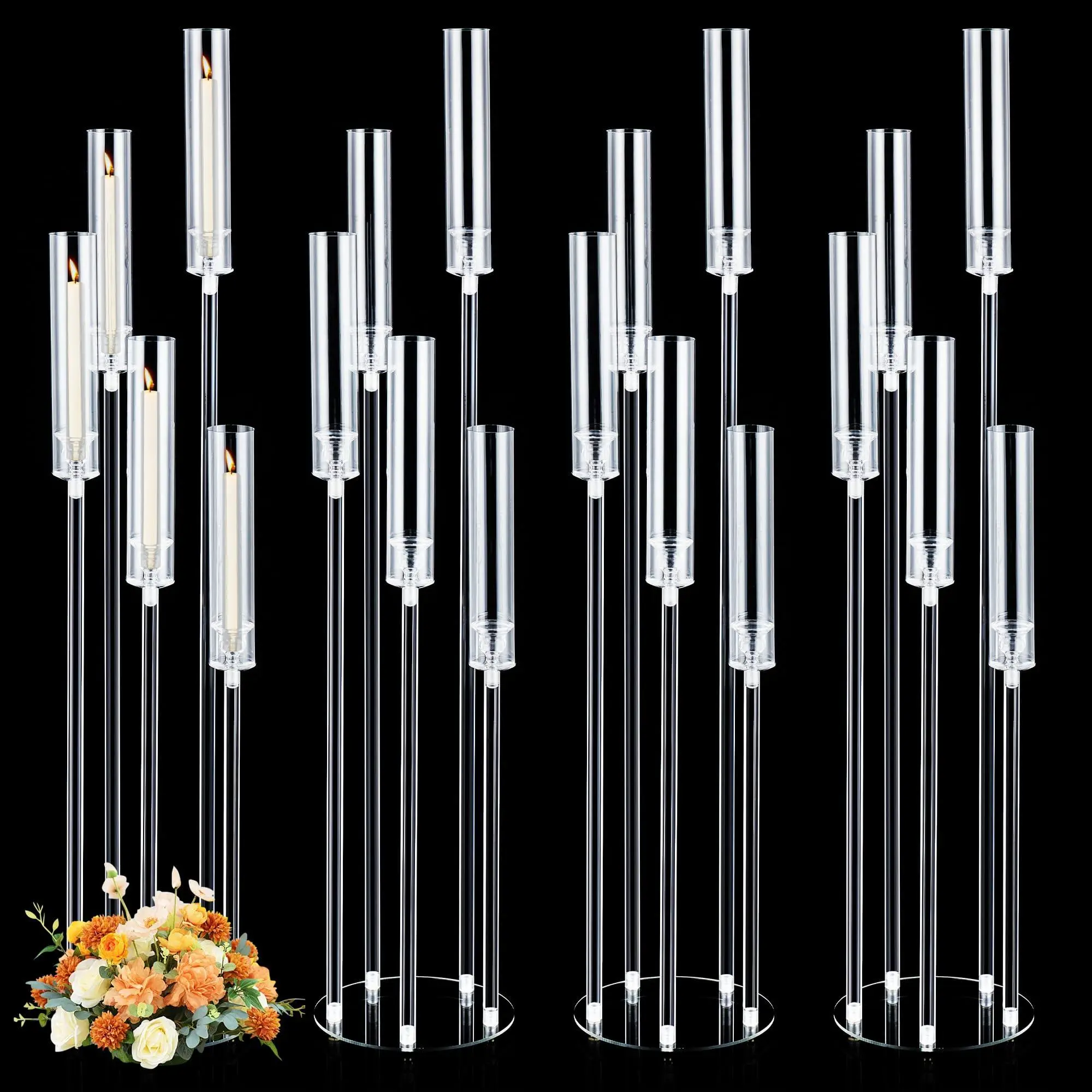 Garvee 4Pcs 45.7''Tall 5 Arm Acrylic Candelabra Centerpieces for Tables, Clear Candle Holder for Wedding, Floor Candelabro Holders for Ceremony Birthday Party Home Decoration Fit 0.8 LED Candles（No Candle）