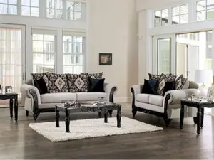 SM7304 2 pc Molfetta Light Brown Chenille Fabric Black Wood Trim Traditional Sofa and Love Seat Set with Carved Accents