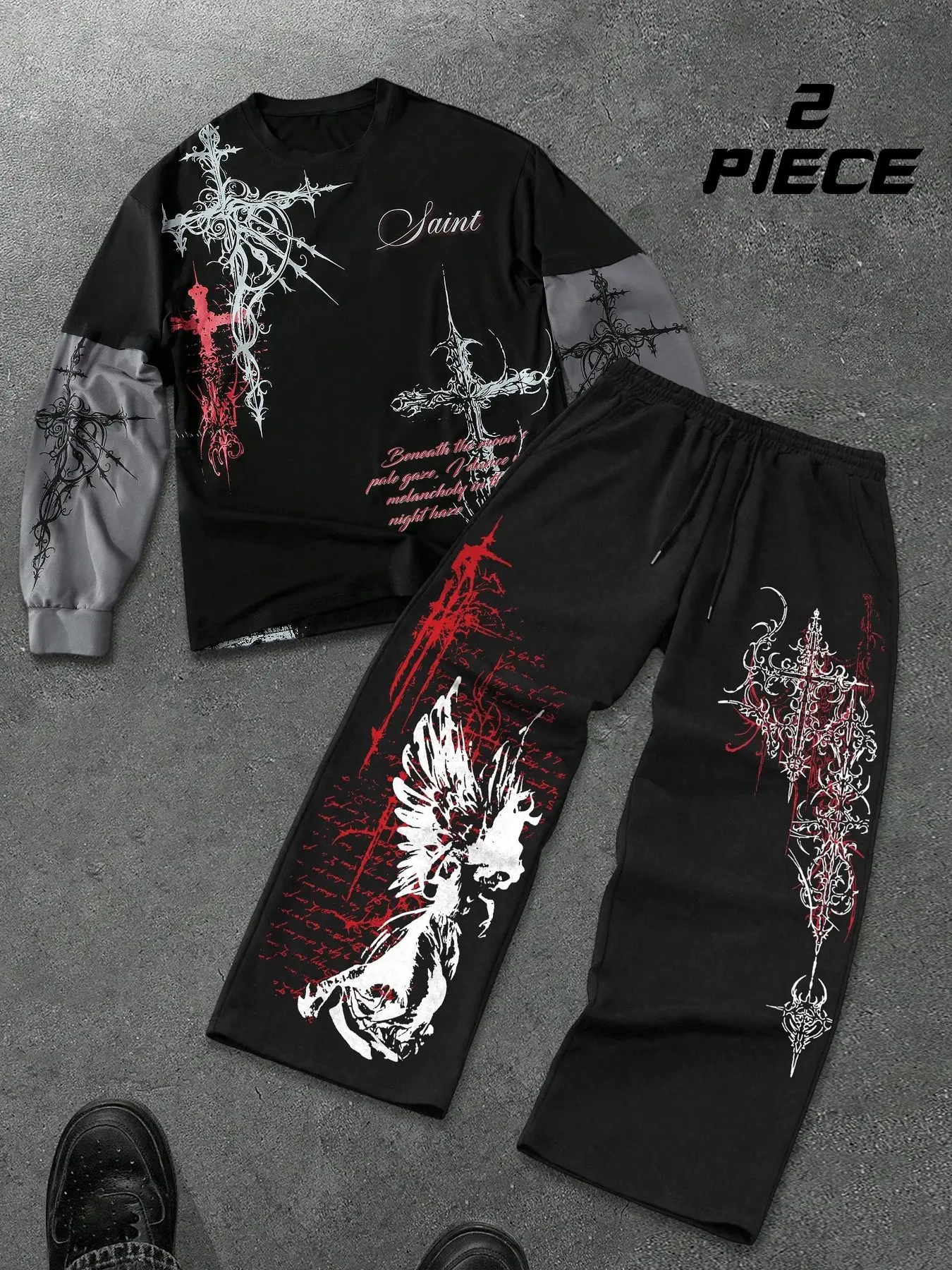 Men's Punk Cross Print Matching Set, Casual Fashion Set, Layered Long Sleeve Tee with Relaxed Fit Trousers, Premium Stylish Menswear Graphic Streetwear Outfit Bundle for Alt Fashion Lovers