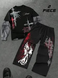 Men's Punk Cross Print Matching Set, Layered Long Sleeve Tee with Relaxed Fit Trousers, Premium Stylish Graphic Streetwear Bundle Outfit for Alt Fashion Lovers