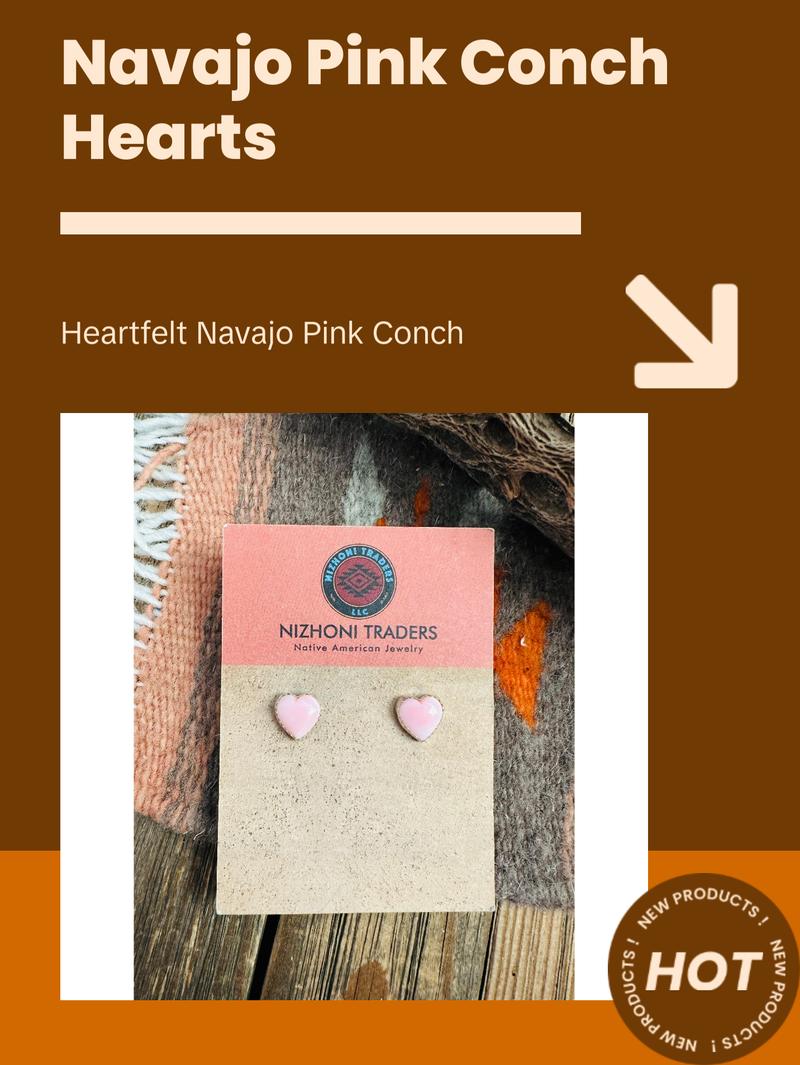 Navajo Queen Pink Conch & Sterling Silver Heart Stud Earrings