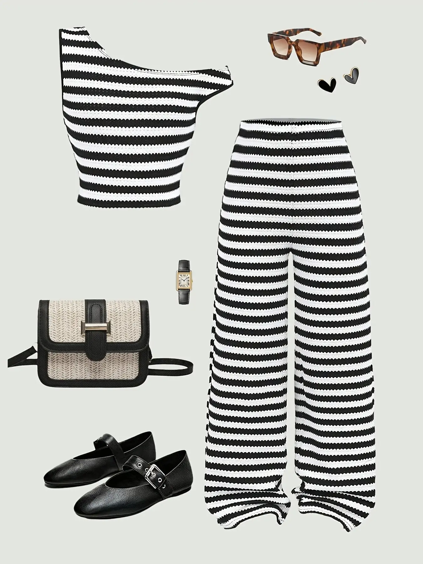 Striped 2-Piece Set, One-Shoulder Crop Top & Wide Leg Pants, Casual Streetwear Fashion for Women & Teens, All Seasons, Pants Set Outfit, Clothes Set