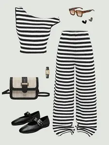 & Striped 2-Piece Set, One-Shoulder Crop Top & Wide Leg Pants, Casual Streetwear Fashion for Women & Teens, All Seasons