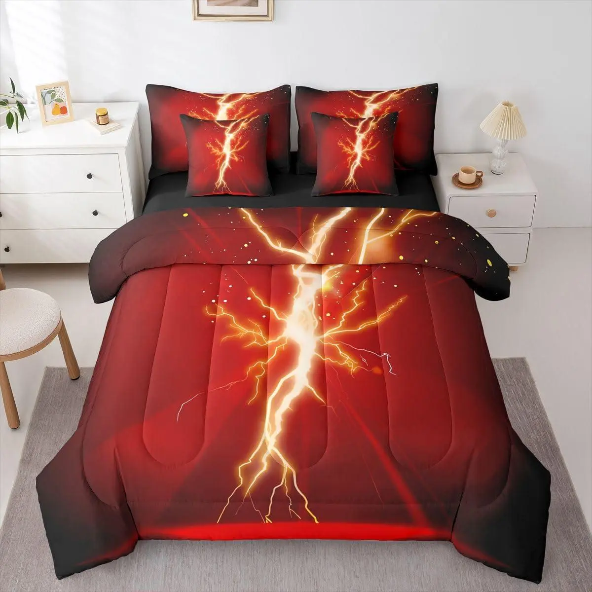 Gaming Bedding Set,7 Pieces,3D Lightning Golden Glowing Glitter Comforter Set with Sheets for Kids,Video Game Modern Fashion Red Black Bed Set,in a Bag with Pillow Covers